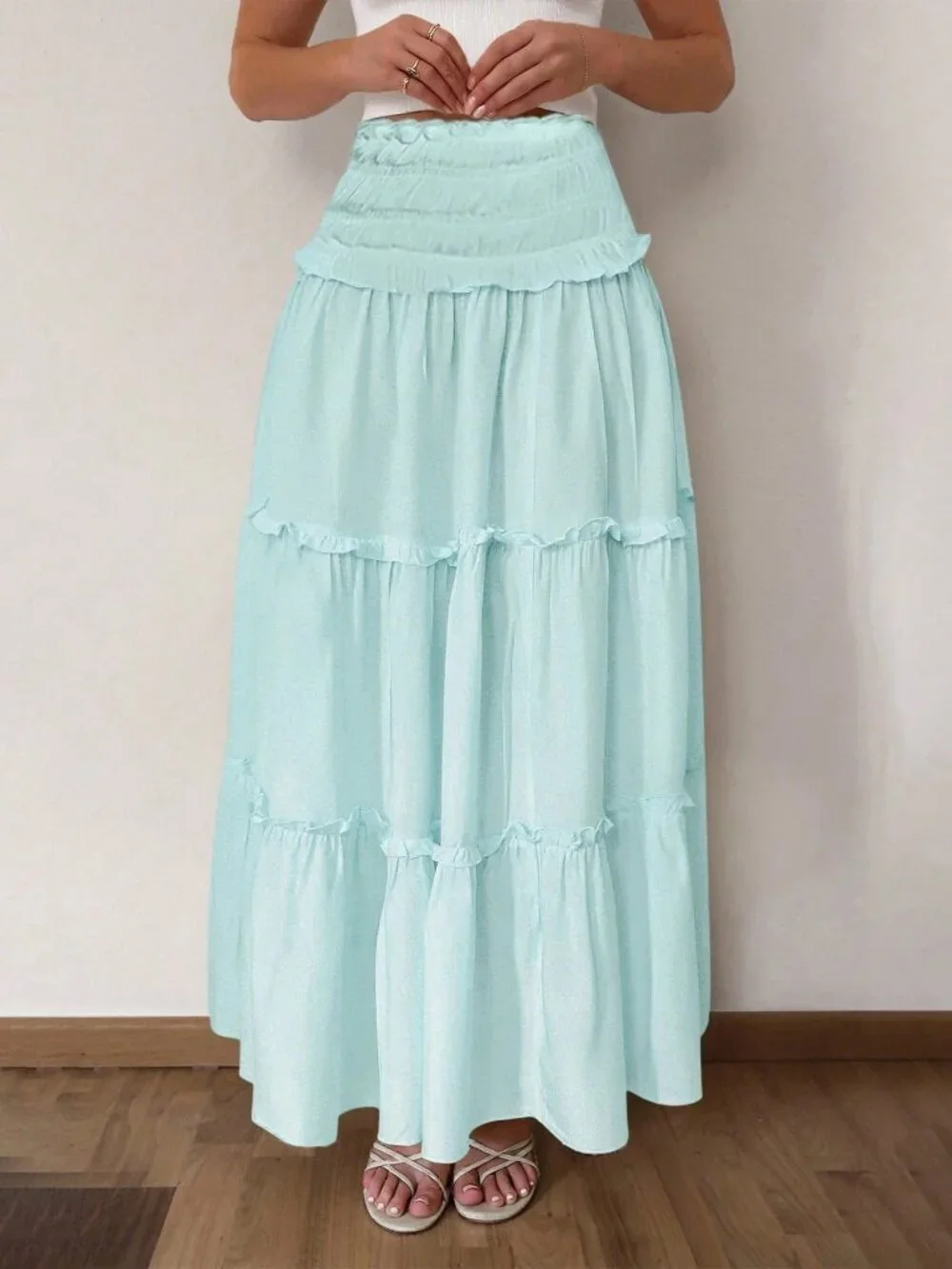 Baby Blue Elegant Women's Pleated Mixed-Fabric Ruffle Hem Casual Vacation Skirt